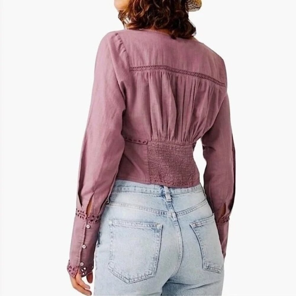 FREE PEOPLE Cropped Eyelet Joi Blouse in Roan Rouge Long Sleeve Button Frnt Sz L - Picture 2 of 9